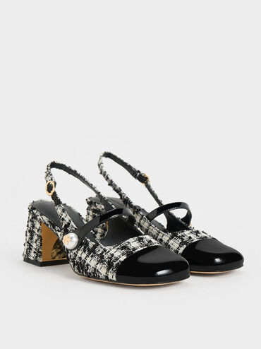 حذاء إيرين بكعب عالٍ وتصميم سلينجباك مفتوح الظهر من قماش تويد مزين باللؤلؤ, أسود خشن, hi-res