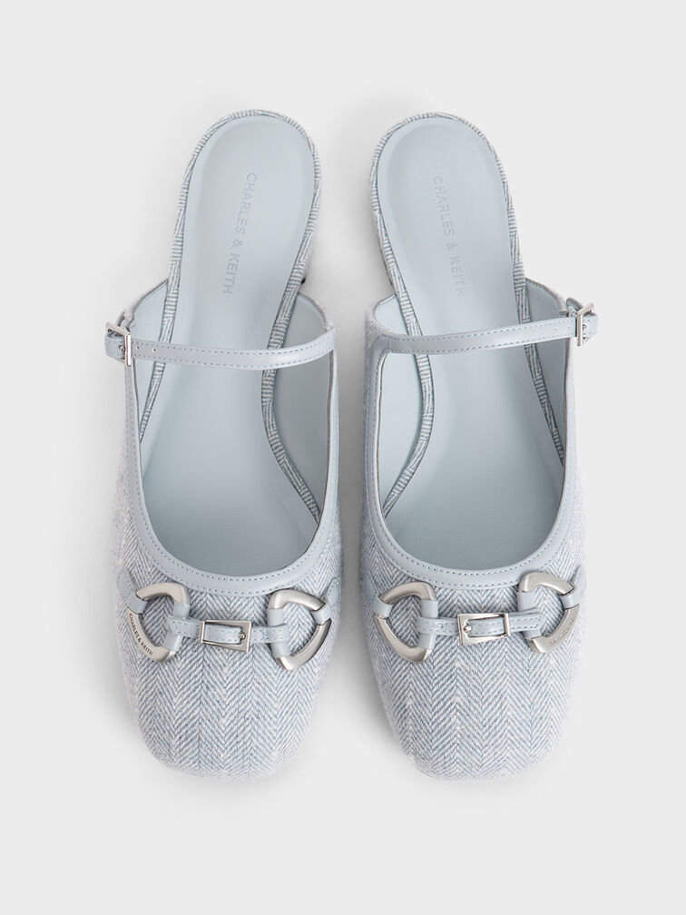 Woven Fabric Metallic-Accent Flat Mules, Light Blue, hi-res