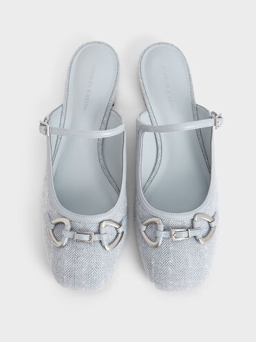 Woven Fabric Metallic-Accent Flat Mules, Light Blue, hi-res