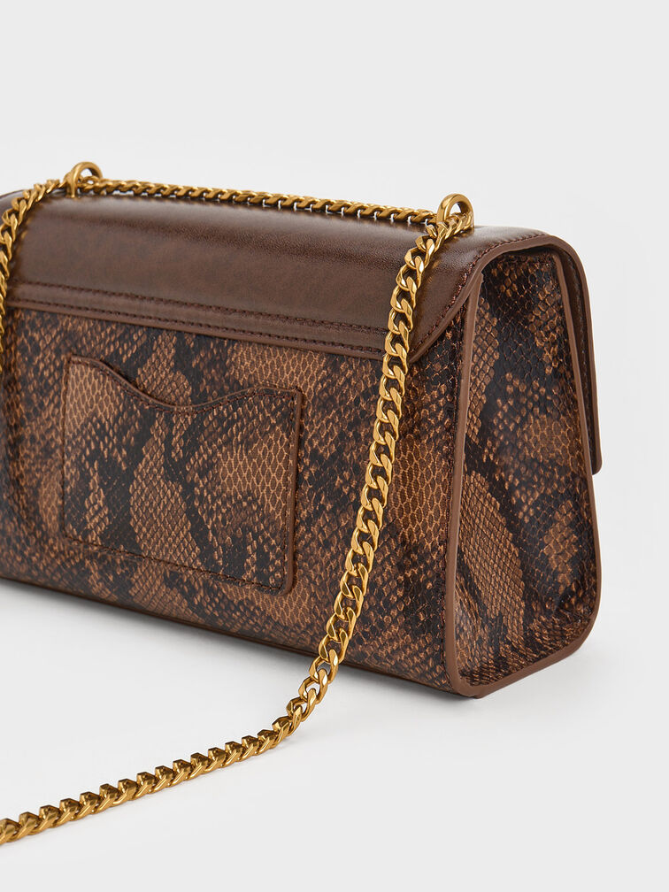 Ebba Snake Print Chain-Strap Bag, Brown, hi-res