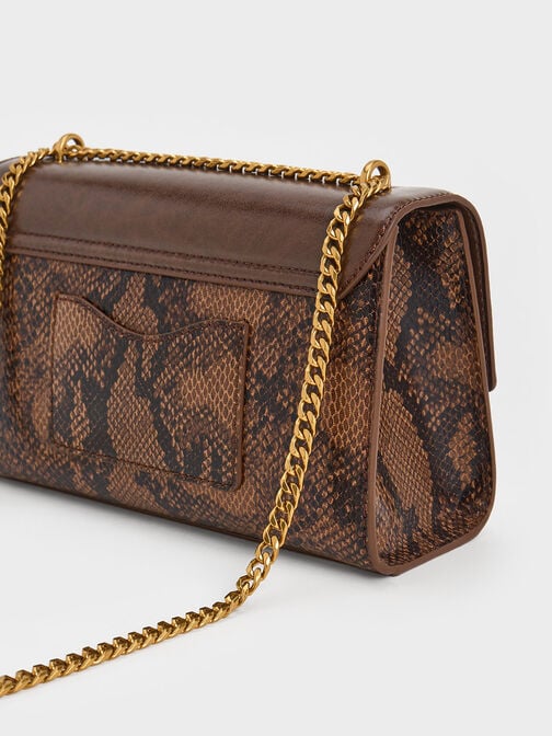 Ebba Snake Print Chain-Strap Bag, Brown, hi-res