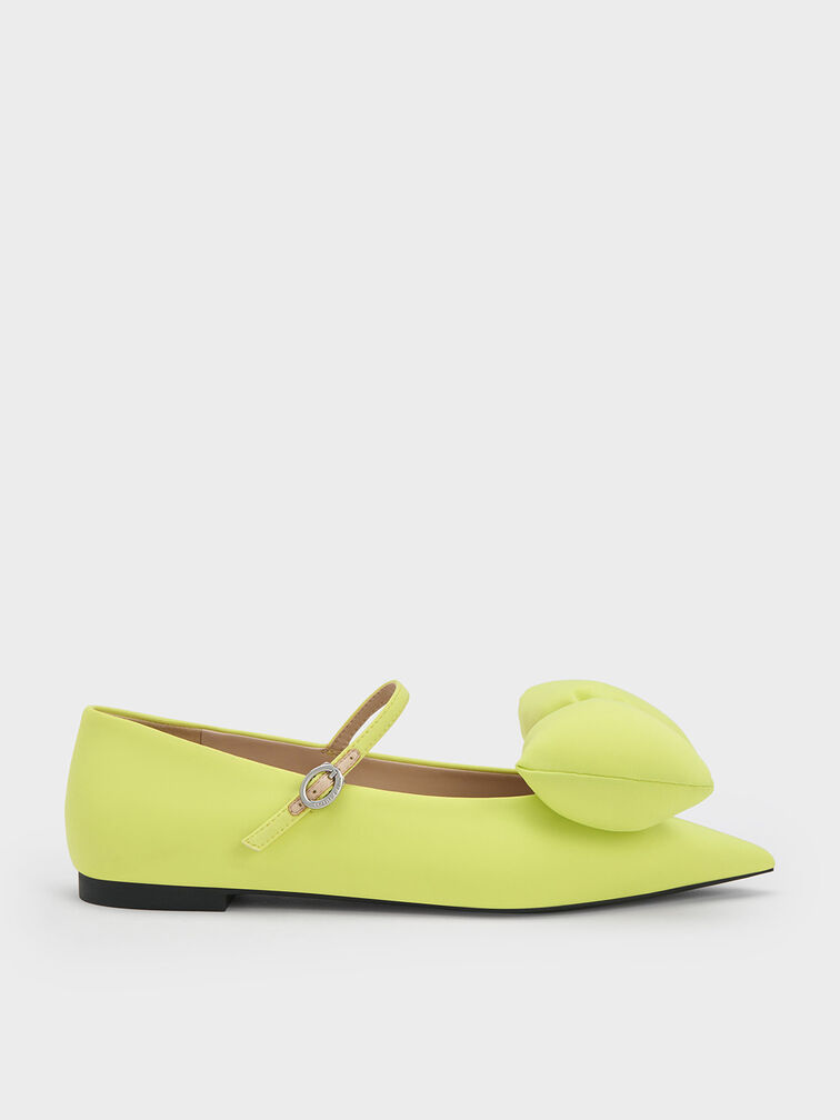 حذاء ماري جين مسطح بفيونكة منتفخة, أخضر ليموني, hi-res