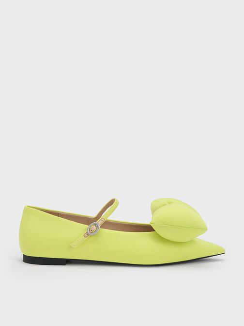 حذاء ماري جين مسطح بفيونكة منتفخة, أخضر ليموني, hi-res