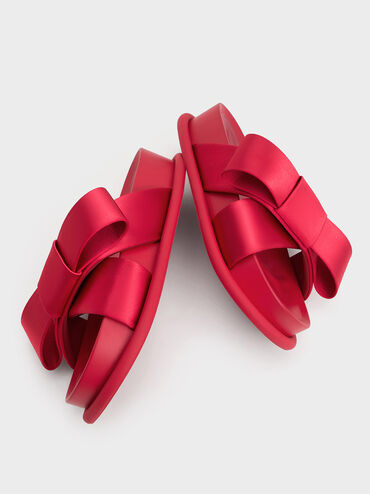 Satin Bow Flatform Sandals, Red, hi-res