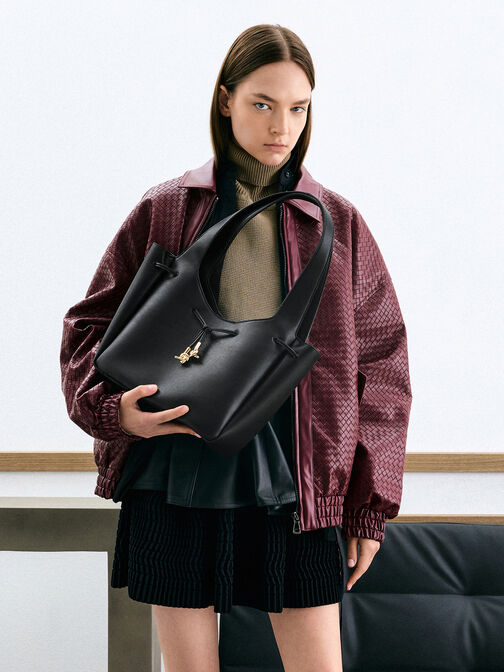 Mila Metallic-Knot Drawstring Tote Bag, Black, hi-res