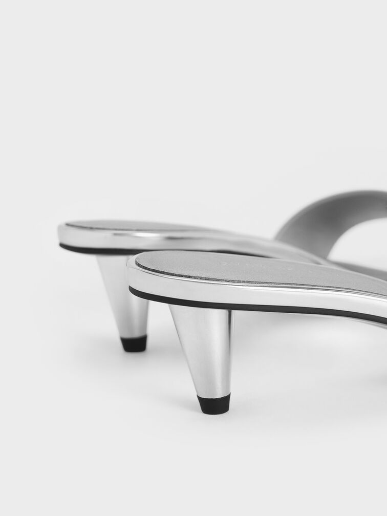 Metallic Cone-Heel Mules, Silver, hi-res