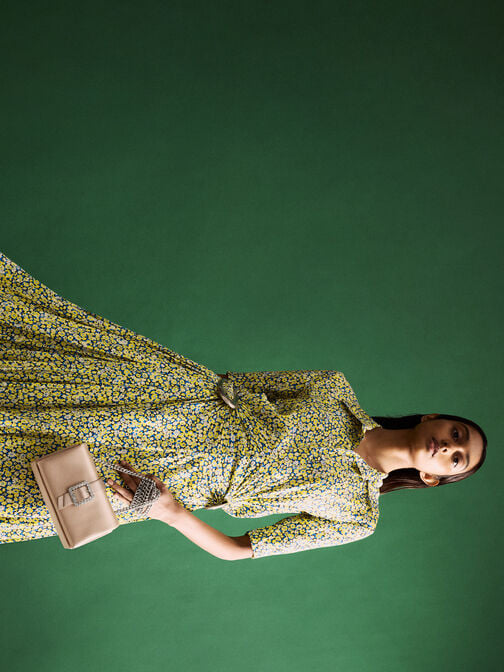 Satin Crystal-Buckle Belted Chain-Handle Bag, Sunset Nude, hi-res