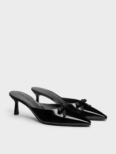 Rose-Bow Pointed Heeled Mules, Black Boxed, hi-res
