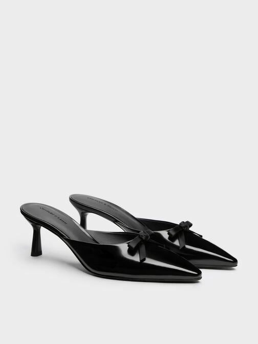 Rose-Bow Pointed Heeled Mules, Black Boxed, hi-res