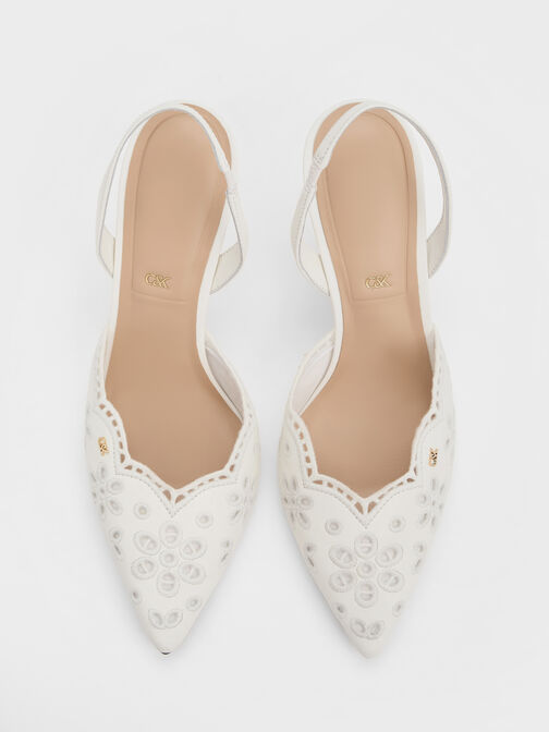 Leather Embroidered Pointed Slingback Pumps, White, hi-res