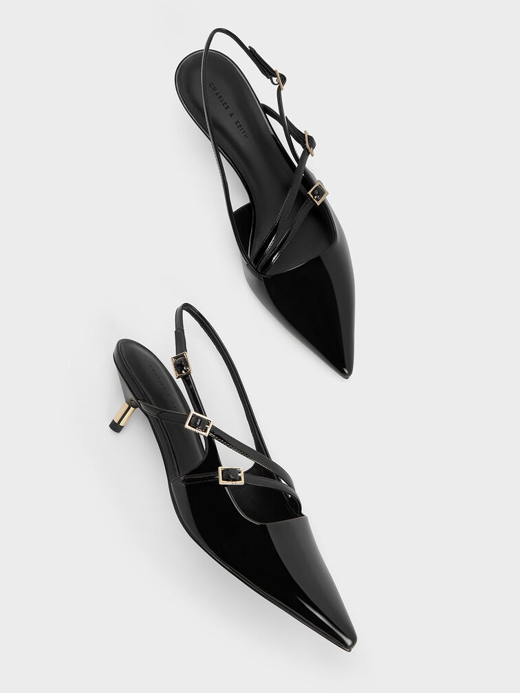 حذاء لامع بكعب صغير وحزام خلفي وشريط بمشبك, أسود براق, hi-res