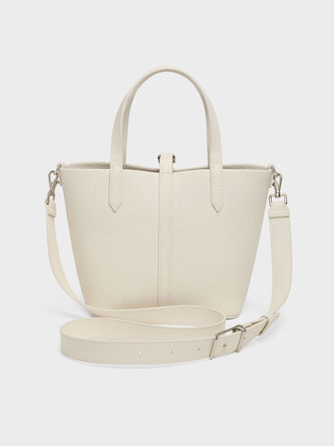 Beryl Recycled Leather Double-Handle Belted Bucket Bag, Cream, hi-res