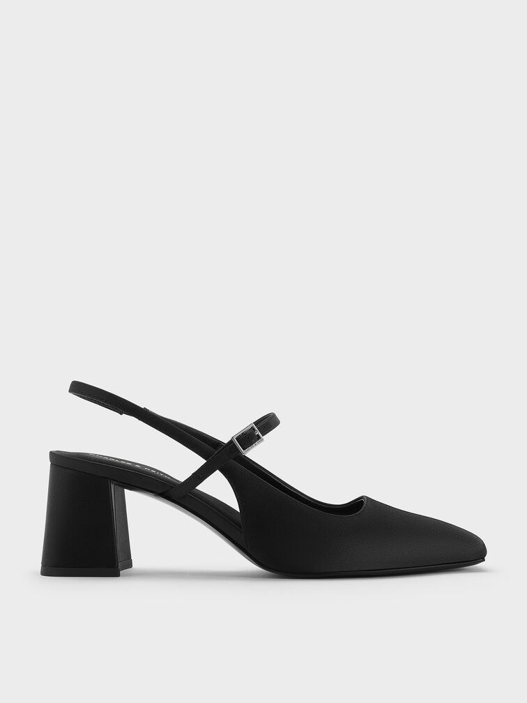 Recycled Polyester Square-Toe Mary Jane Slingback Pumps, Black Textured, hi-res
