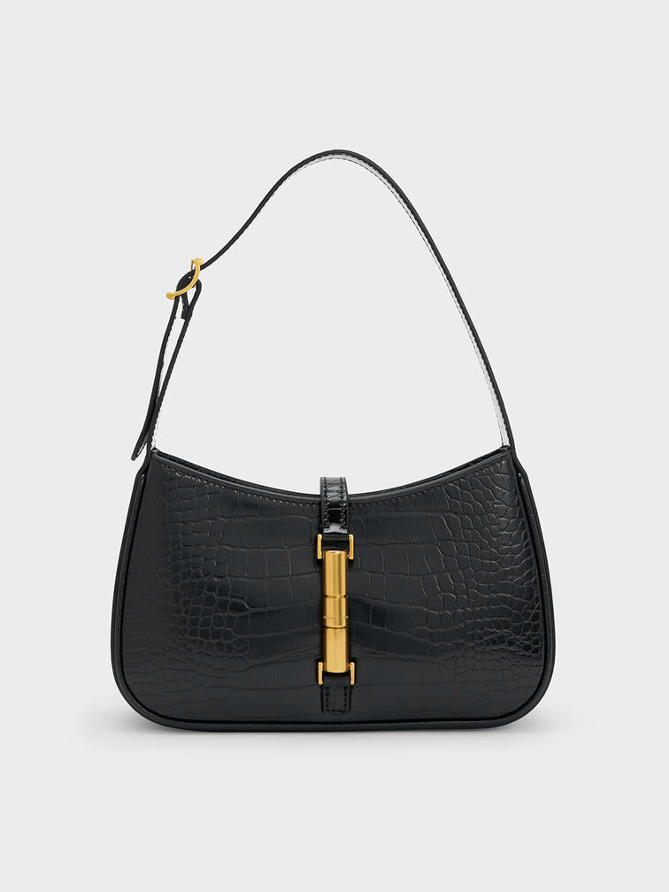 Cesia Croc-Effect Metallic-Accent Shoulder Bag, Black, hi-res
