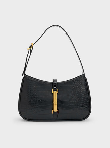 Cesia Croc-Effect Metallic-Accent Shoulder Bag, Black, hi-res