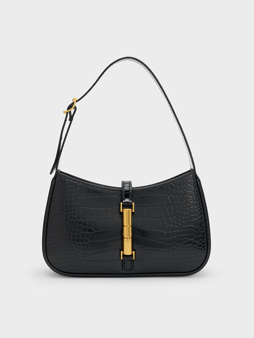 Cesia Croc-Effect Metallic-Accent Shoulder Bag, Black, hi-res