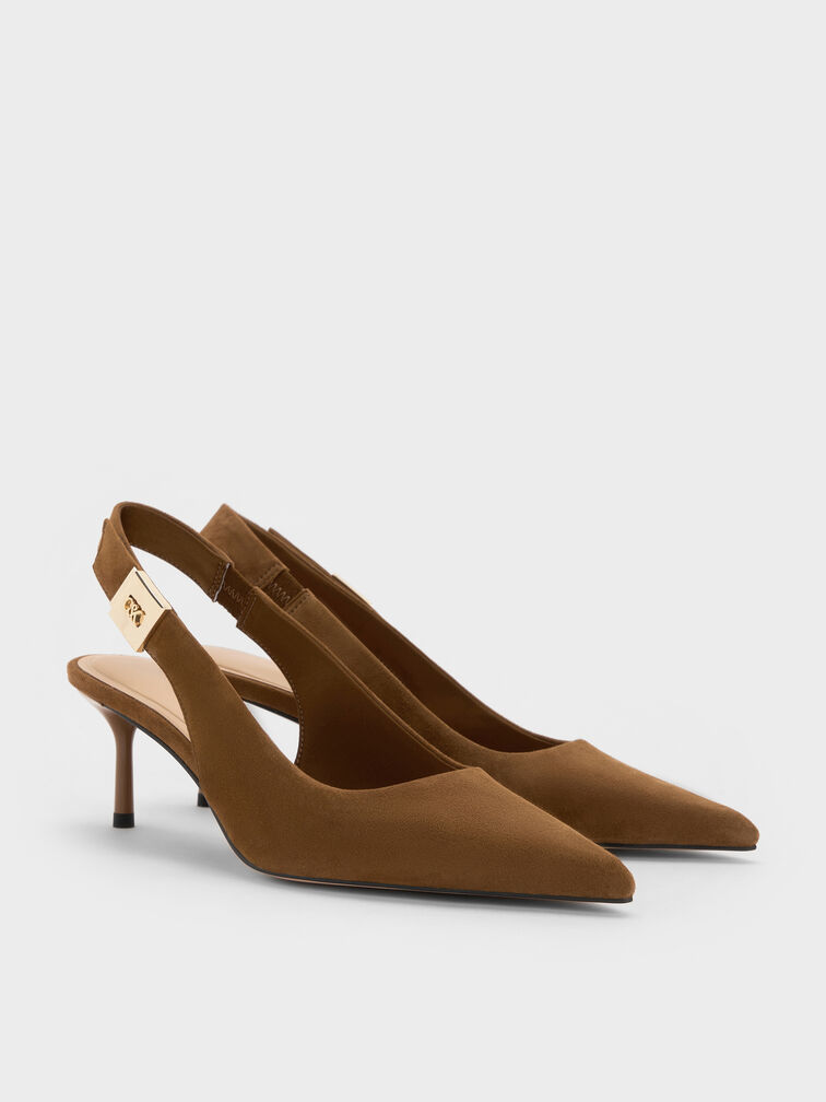 Cody Suede Pointed-Toe Kitten-Heel Slingback Pumps, Brown, hi-res