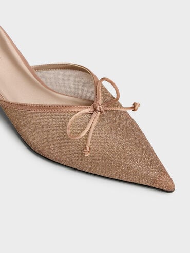Glittered Mesh Bow Kitten Heels, Brown, hi-res