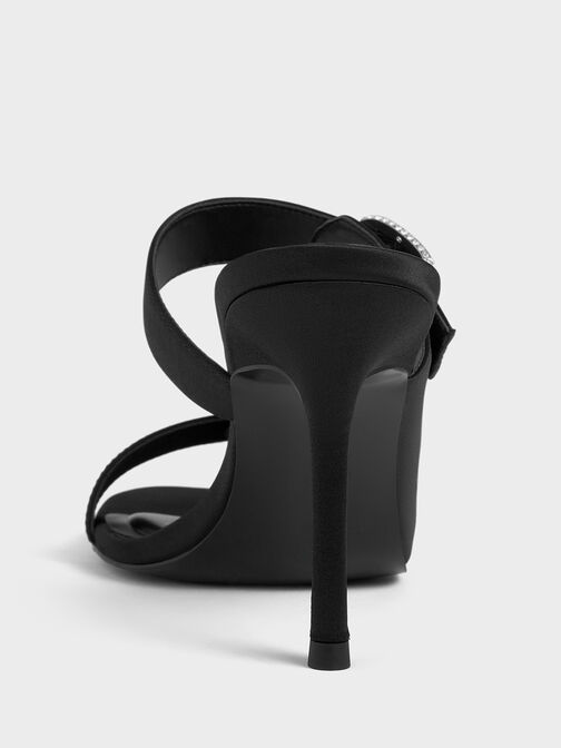 Recycled Polyester Crystal-Buckle Heeled Mules, Black Textured, hi-res