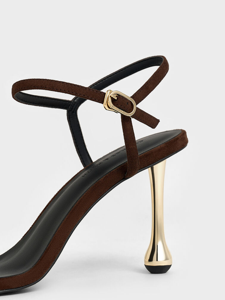 Faux Suede Sculptural-Heel Ankle-Strap Sandals, Dark Brown, hi-res