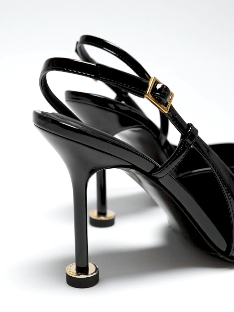 Wynn Patent Pointed-Toe Sculptural-Heel Slingback Pumps, Black Patent, hi-res