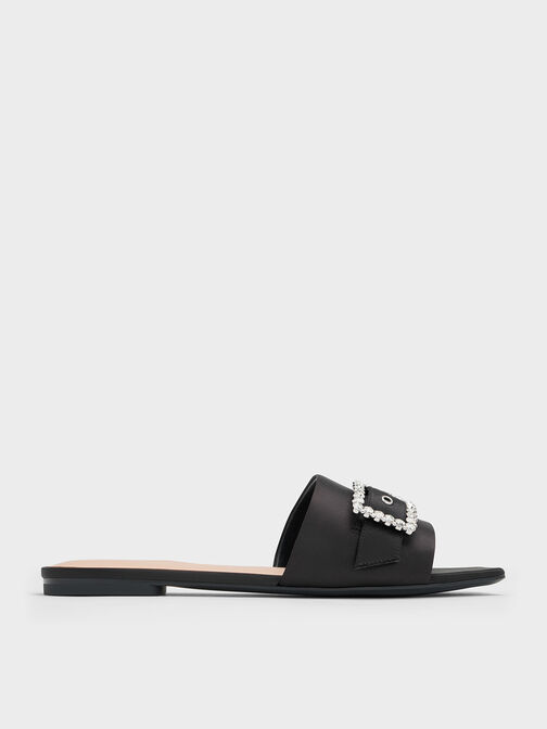 Recycled Polyester Gem-Buckle Square-Toe Slide Sandals, Black Textured, hi-res