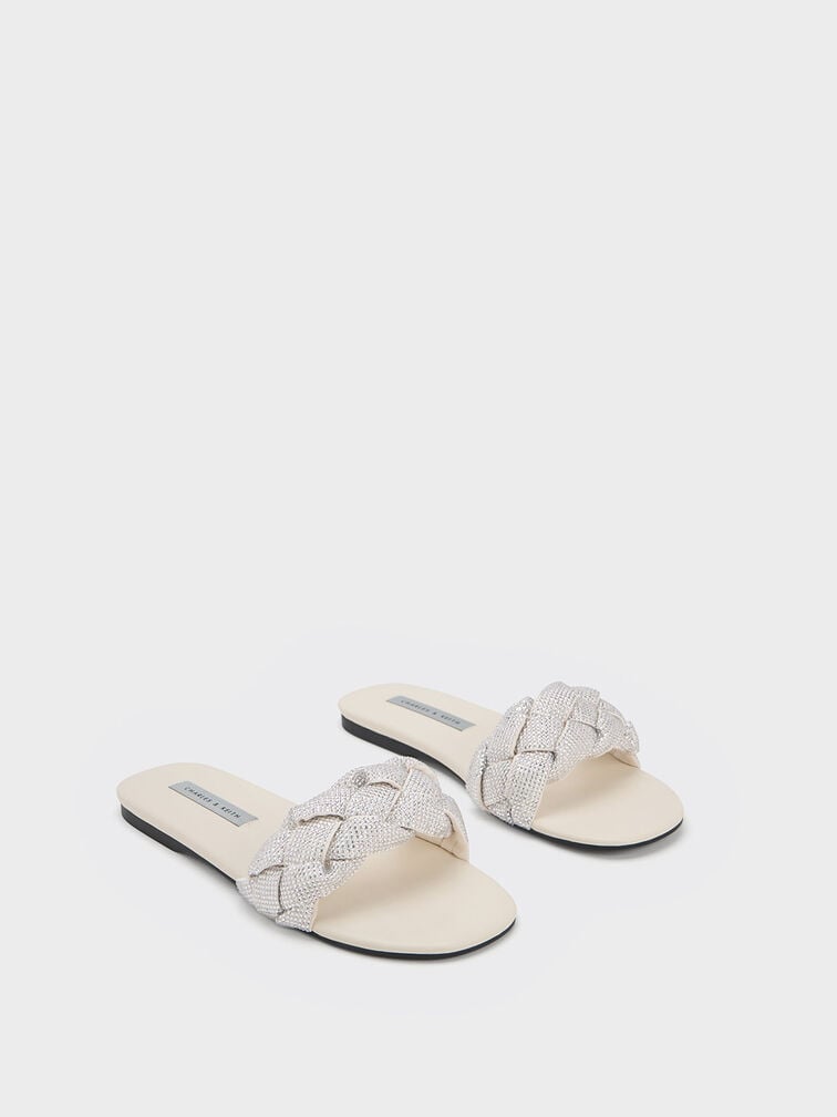 Gem-Embellished Braided Strap Slides, Cream, hi-res
