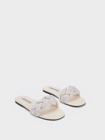 Gem-Embellished Braided Strap Slides, Cream, hi-res