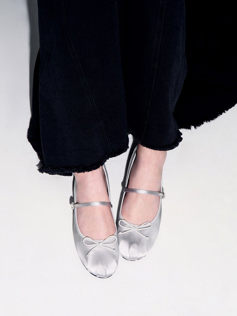 Emiko Satin Bow Mary Jane Flats, Silver, hi-res