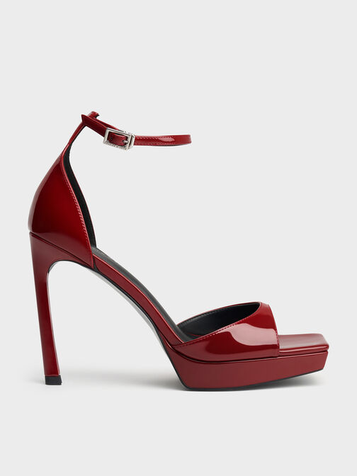 Patent Platform Heeled Sandals, Red, hi-res