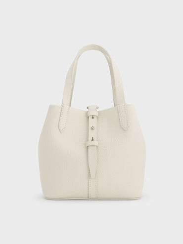 Beryl Recycled Leather Double-Handle Belted Bucket Bag, Cream, hi-res