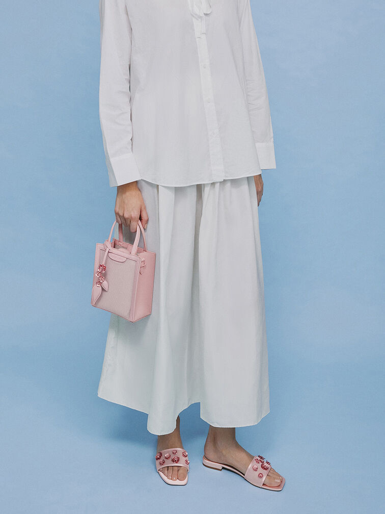 Mesh & Satin Sequin-Flower Slide Sandals, Pink, hi-res