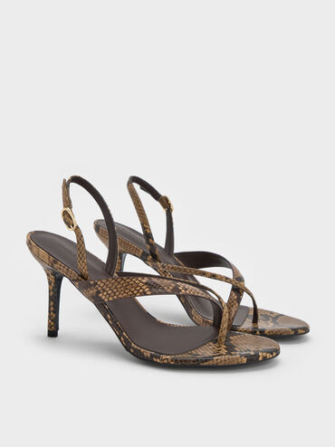 صندل ثونغ مكشوف طراز (ثونغ) وكعب ستيليتو وحزام خلفي بنقشة جلد الثعبان, نمط حيواني طبيعي, hi-res