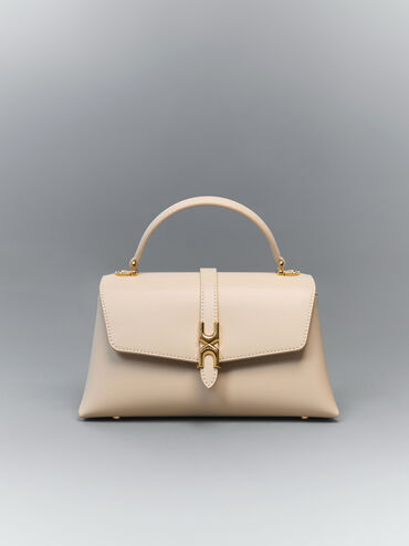 شنطة يد أدالين بمشبك معدني وحزام سلسلة, بيج مخملي, hi-res