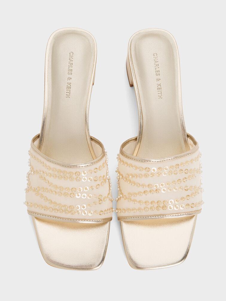 حذاء ميول بكعب مربع ومظهر معدني مصنوع من خامة شبكية ومزين بالترتر, ذهبي, hi-res