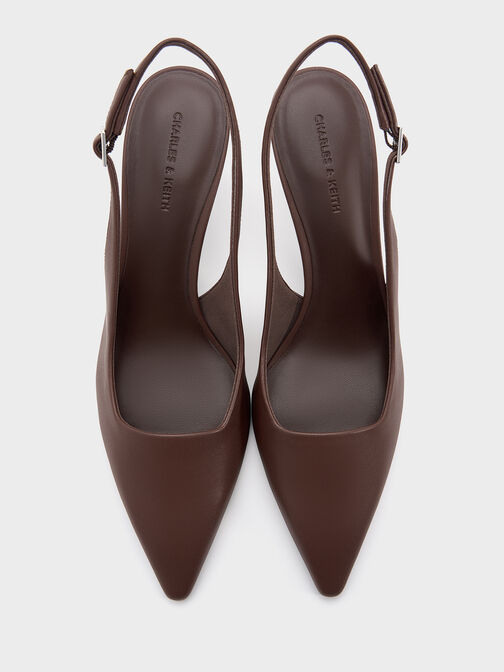Pointed-Toe Kitten-Heel Slingback Pumps, Dark Brown, hi-res