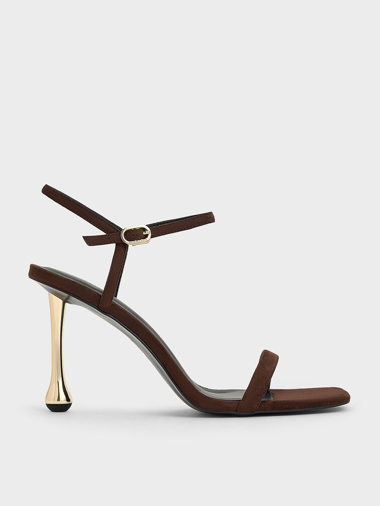 Faux Suede Sculptural-Heel Ankle-Strap Sandals, Dark Brown, hi-res
