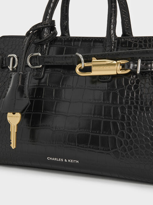 Mini Delfina Croc-Effect Belted Tote Bag, Black Croco, hi-res