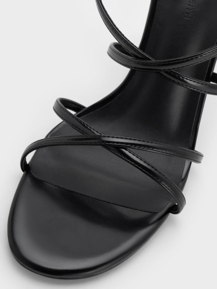 Strappy Crossover Trapeze-Heel Sandals, Black Boxed, hi-res