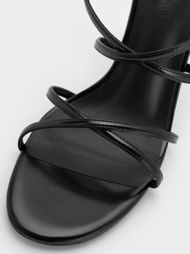 Strappy Crossover Trapeze-Heel Sandals, Black Boxed, hi-res