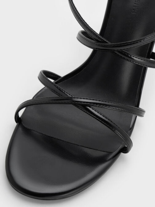Strappy Crossover Trapeze-Heel Sandals, Black Boxed, hi-res