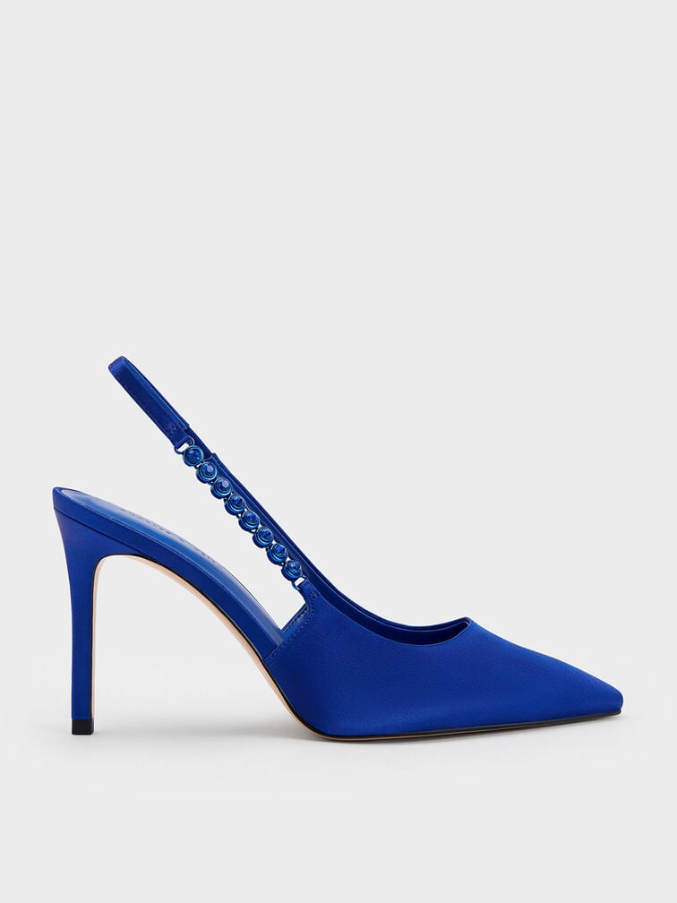 Flores Recycled Polyester Gem-Strap Slingback Pumps, Blue, hi-res