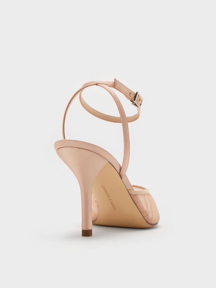 حذاء بكعب مرتفع من الدانتيل والساتان بمقدمة مفتوحة عند الأصابع, لون البشرة الطبيعي, hi-res