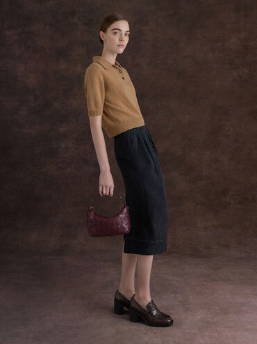 حذاء لوفر بكعب مربع بتفاصيل منسوجة وبإكسسوار معدني, بني داكن, hi-res