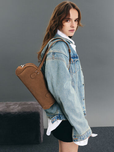 شنطة كتف نيلي شمواه معاد التدوير مستطيلة, بني موكا, hi-res