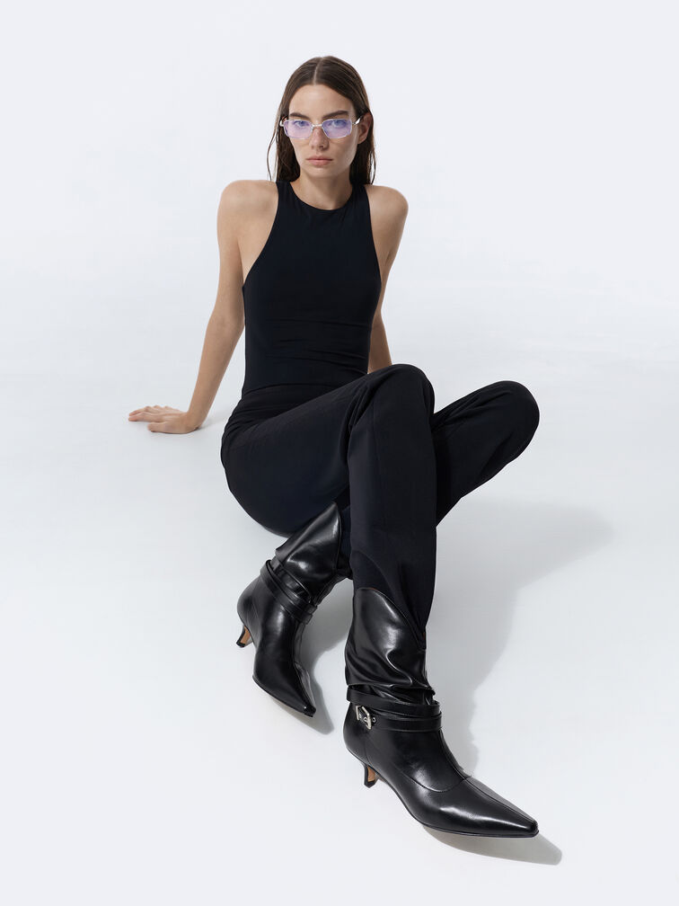 Karter Pointed-Toe Ruched Buckled Kitten-Heel Boots, Black, hi-res