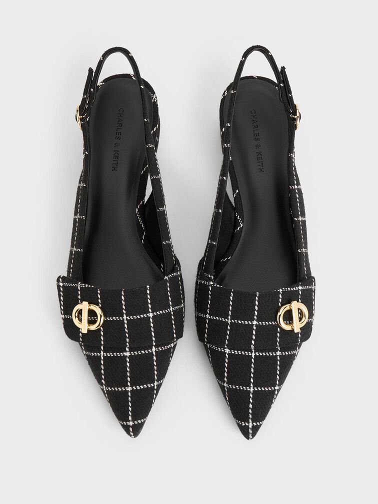 حذاء مفتوح من الخلف بمقدمة مدببة وحلية معدنية أنيقة من قماش التويد, أسود خشن, hi-res