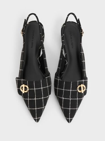 حذاء مفتوح من الخلف بمقدمة مدببة وحلية معدنية أنيقة من قماش التويد, أسود خشن, hi-res