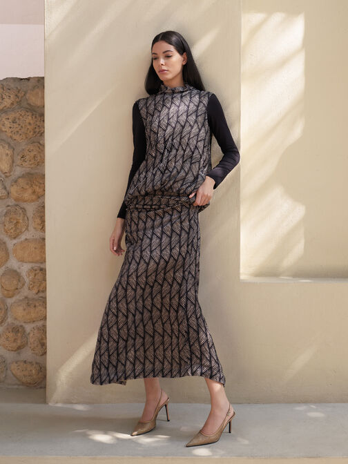 Glittered Mesh Pointed Slingback Pumps, Brown, hi-res