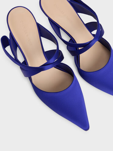 Satin Pleated-Strap Heeled Mules, Blue, hi-res